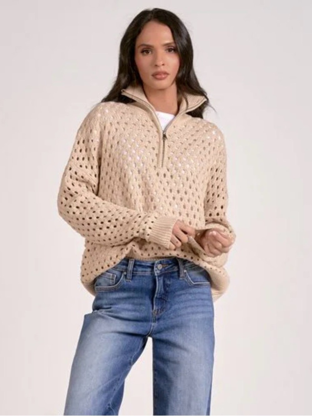 NWT Elan Arabella Beige Half-Zip Open-Knit Sweater OVERSIZED